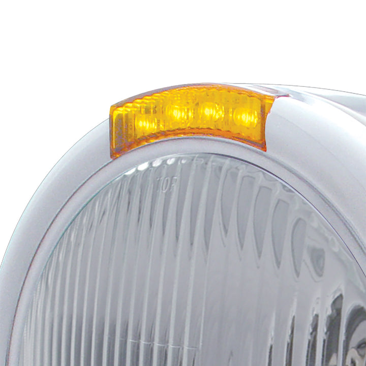 Stainless Steel Classic Half Moon Headlight H4 Bulb &amp; LED Turn Signal - Amber Lens