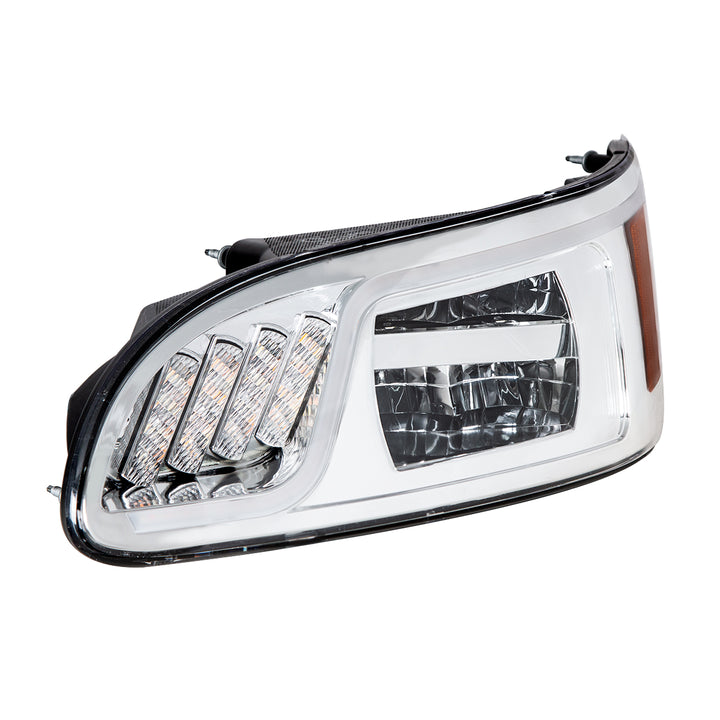 Chrome LED Headlight With LED Turn, Position, &amp; DRL For Peterbilt 386 (2005-2015) &amp; 387 (1999-2010) - Driver
