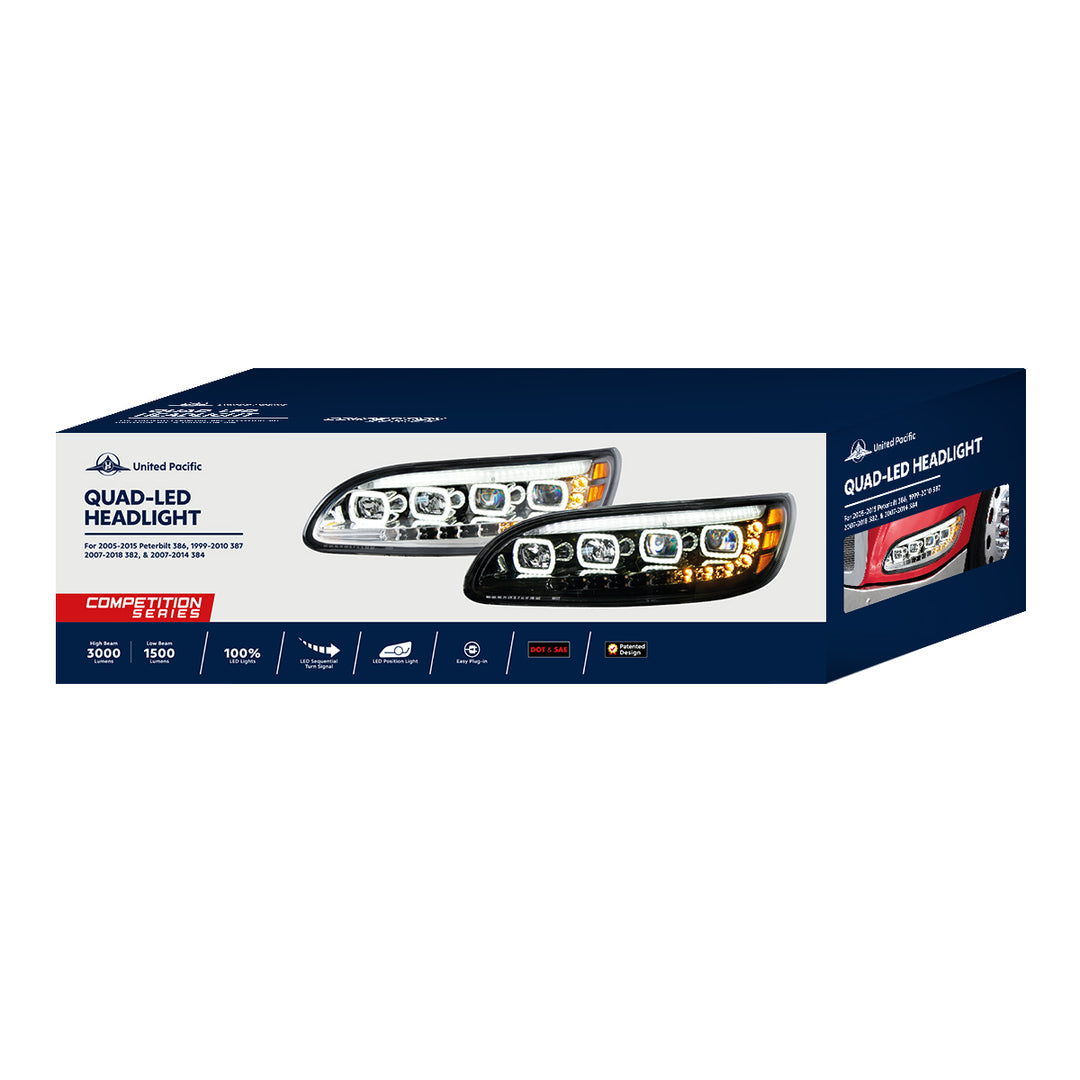 Black Quad - LED Headlight With LED DRL &amp; Seq. Signal For 2005-2015 Peterbilt 386 - Driver
