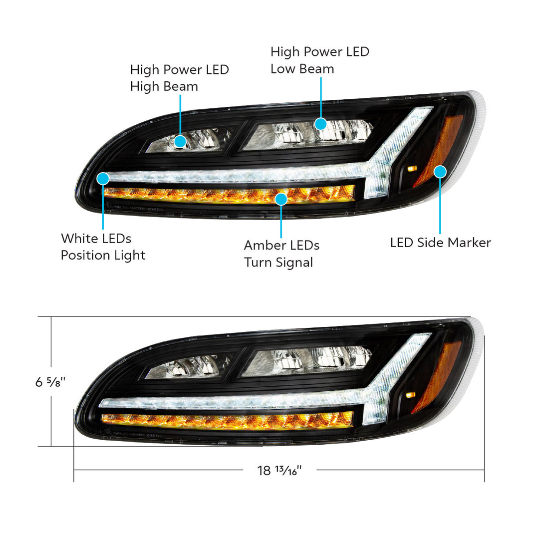 Blackout 6 LED Headlight For Peterbilt 386 (2006-2016) &amp; 387 (2000-2011) - Driver