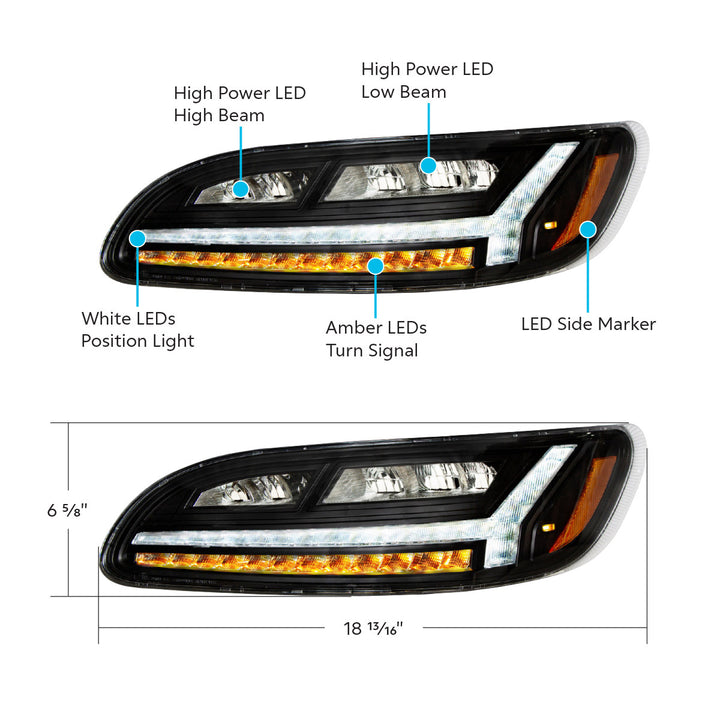 Blackout 6 LED Headlight For Peterbilt 386 (2006-2016) &amp; 387 (2000-2011) - Driver