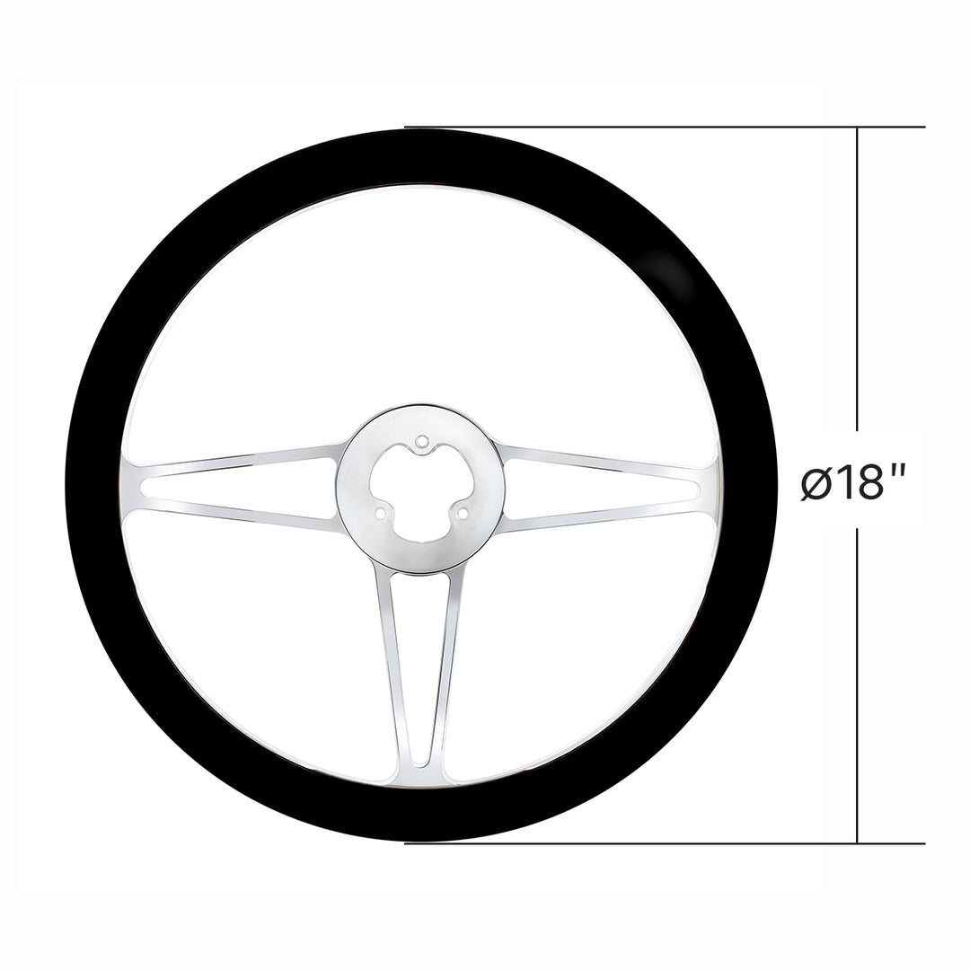 18" Chrome Aluminum "3 - Spoke" Style Steering Wheel With Black Leather Rim