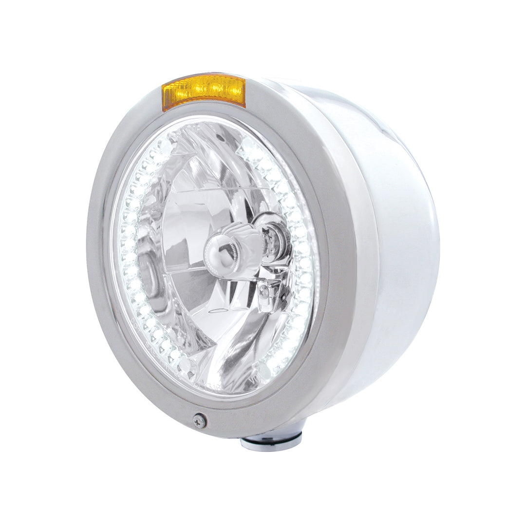 Stainless Steel Bullet Half Moon Headlight H4 With White LED &amp; Signal - Amber Lens