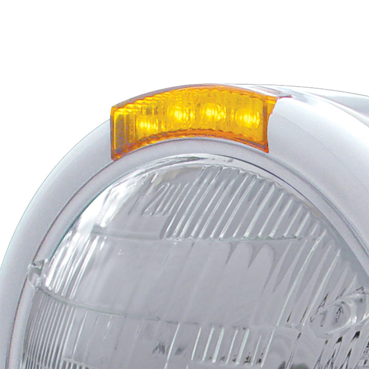 Stainless Steel Classic Half Moon Headlight 6014 Bulb &amp; LED Turn Signal - Amber Lens