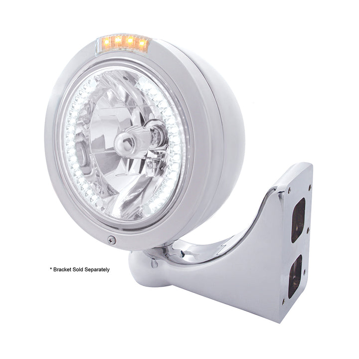 Stainless Steel Bullet Classic Headlight H4 With White LED &amp; Dual Mode LED Signal - Clear Lens