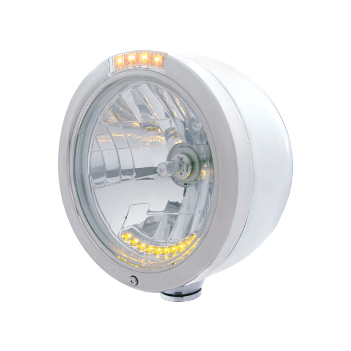 Stainless Steel Bullet Half Moon Headlight H4 With 10 Amber LED &amp; Dual Mode LED Signal - Clear Lens