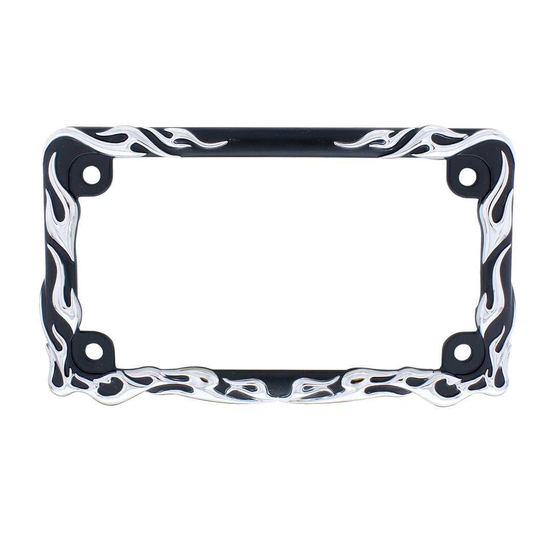 Motorcycle License Plate Frame - Chrome Flame/Black Frame