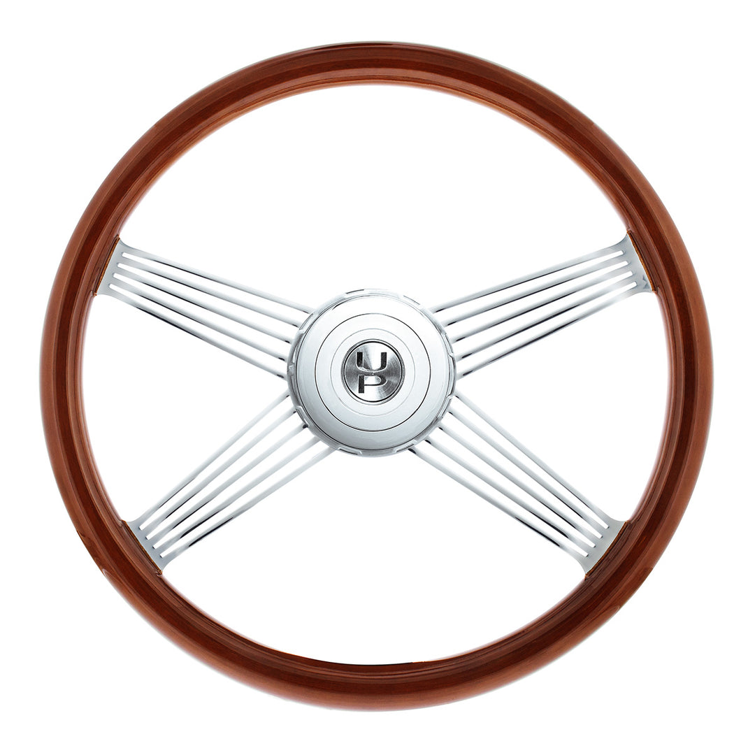 18" Chrome 4 Spoke With Wire Cutout Steering Wheel With Horn Bezel &amp; Button - Wood Grain