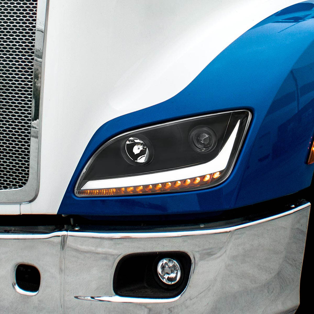 Black Projection Headlight With LED Position &amp; Sequential Signal For 2012-2021 Peterbilt 579 - Driver