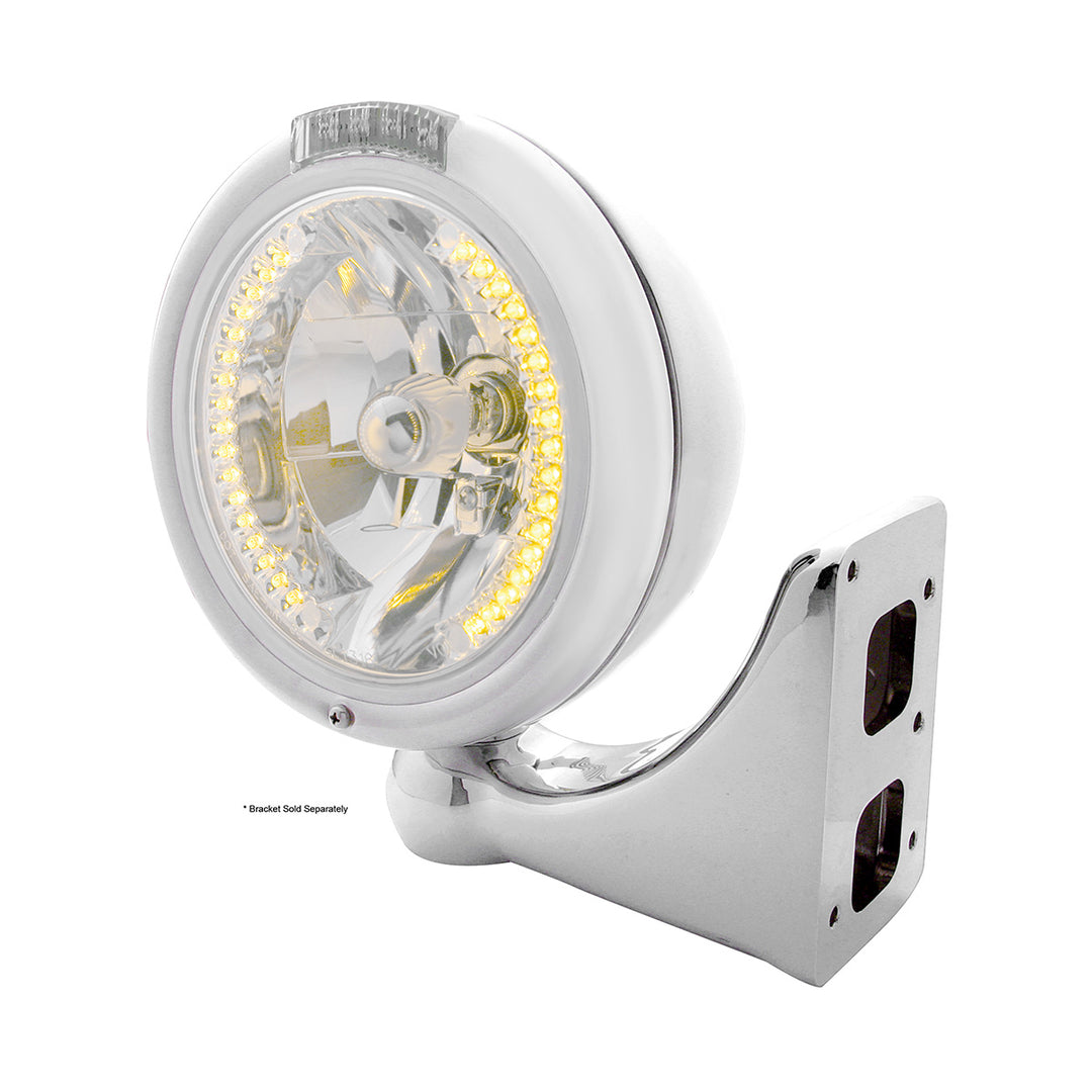 Chrome Classic Headlight H4 With 34 Amber LED &amp; LED Signal - Clear Lens