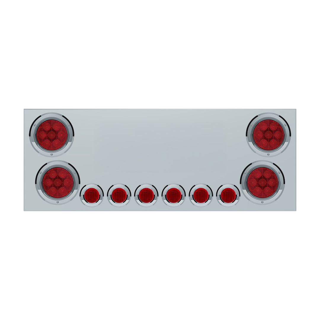Stainless Steel Rear Center Panel With 4X Red LED 4" Light &amp; 6X Red LED 2" Light &amp; Bezel - Red Lens (No LP Holes) - CS