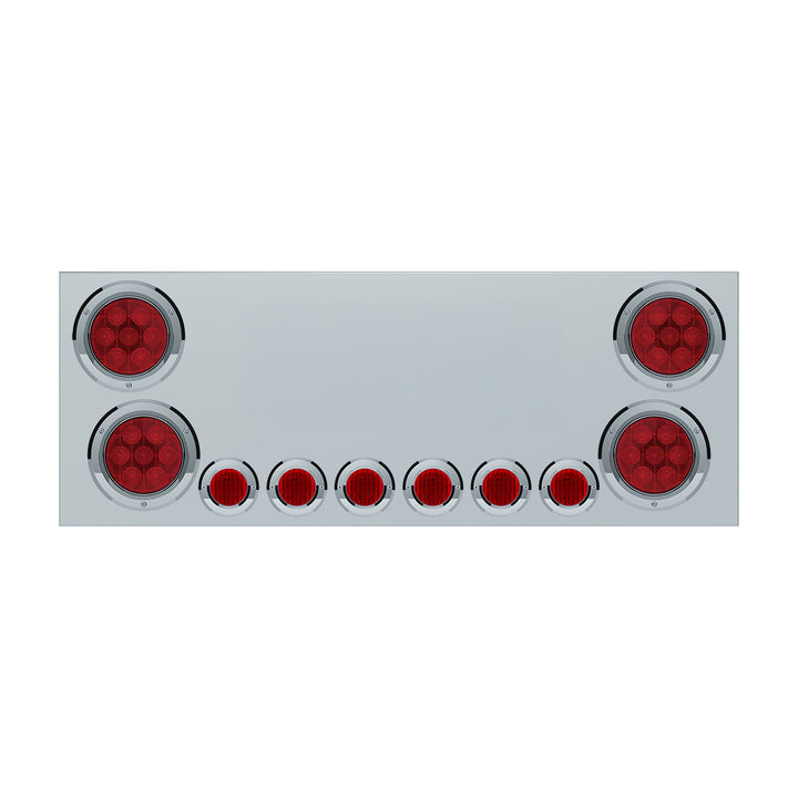 Stainless Steel Rear Center Panel With 4X Red LED 4" Light &amp; 6X Red LED 2" Light &amp; Bezel - Red Lens (No LP Holes) - CS