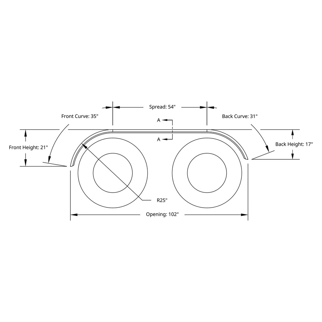 120" 430 Stainless Steel (16ga) Roll Formed Edge Smooth Full Fender 54" Spread - Stainless Steel Series (Pair)