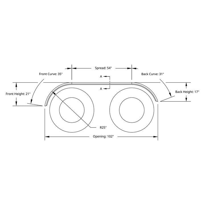 120" 430 Stainless Steel (16ga) Roll Formed Edge Smooth Full Fender 54" Spread - Stainless Steel Series (Pair)