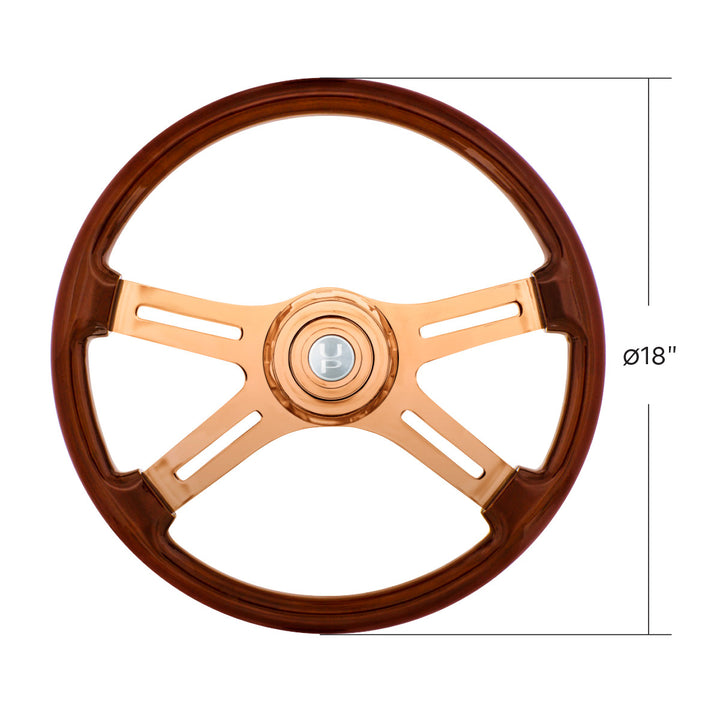 18" Rose Gold 4 Spoke Steering Wheel With Horn Button &amp; Bezel - Wood Grain