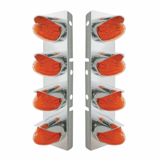 Stainless Steel Front Air Cleaner Bracket With 8 x 19 LED Watermelon Lights &amp; Visors For Peterbilt - Amber LED/Dark Lens