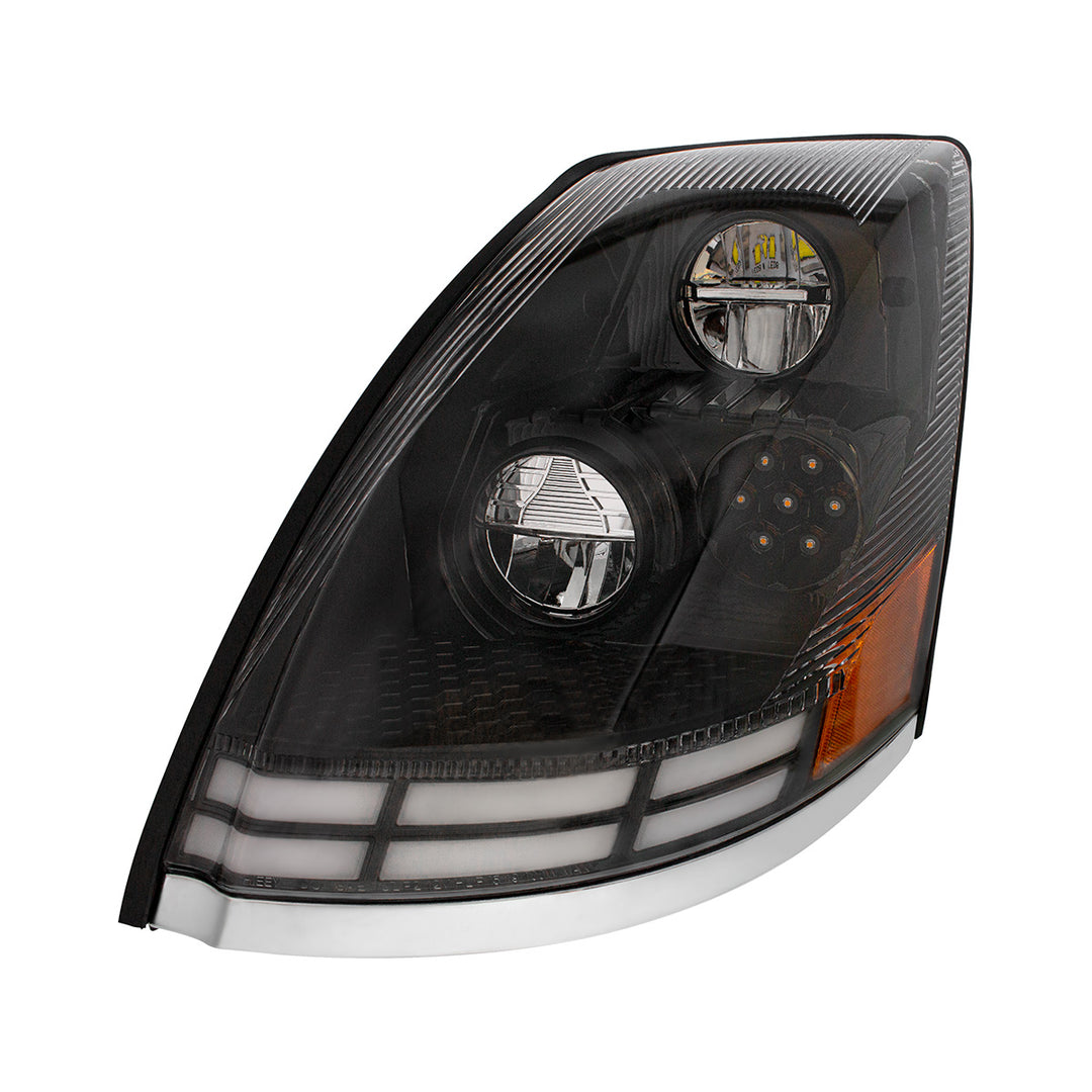 Black LED Headlight With Dual Color LED Light Bars For 2003-2017 Volvo VN/VNL - Driver