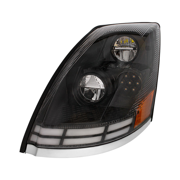 Black LED Headlight With Dual Color LED Light Bars For 2003-2017 Volvo VN/VNL - Driver