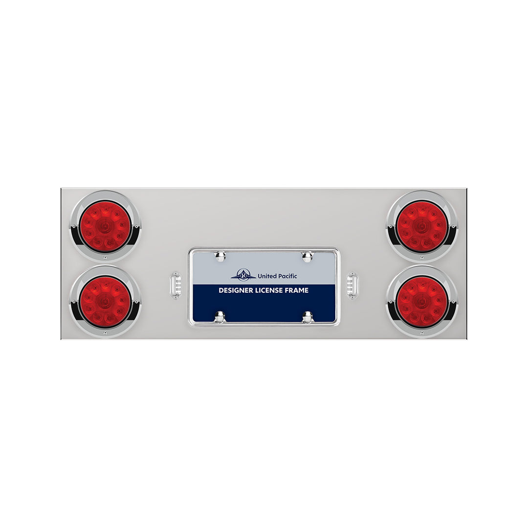 33-3/4" Stainless Rear Center Panel With Four 10 LED 4" Lights &amp; Visors - Red LED/Red Lens