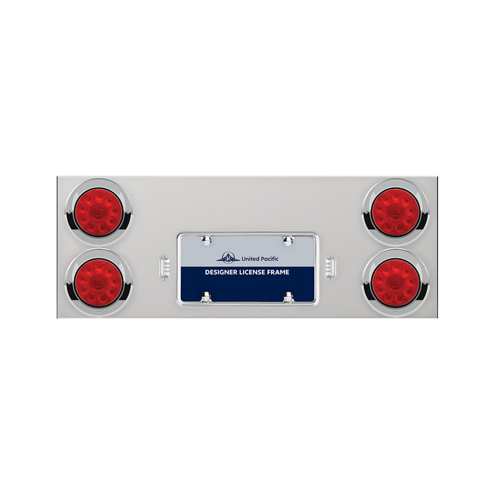 33-3/4" Stainless Rear Center Panel With Four 10 LED 4" Lights &amp; Visors - Red LED/Red Lens