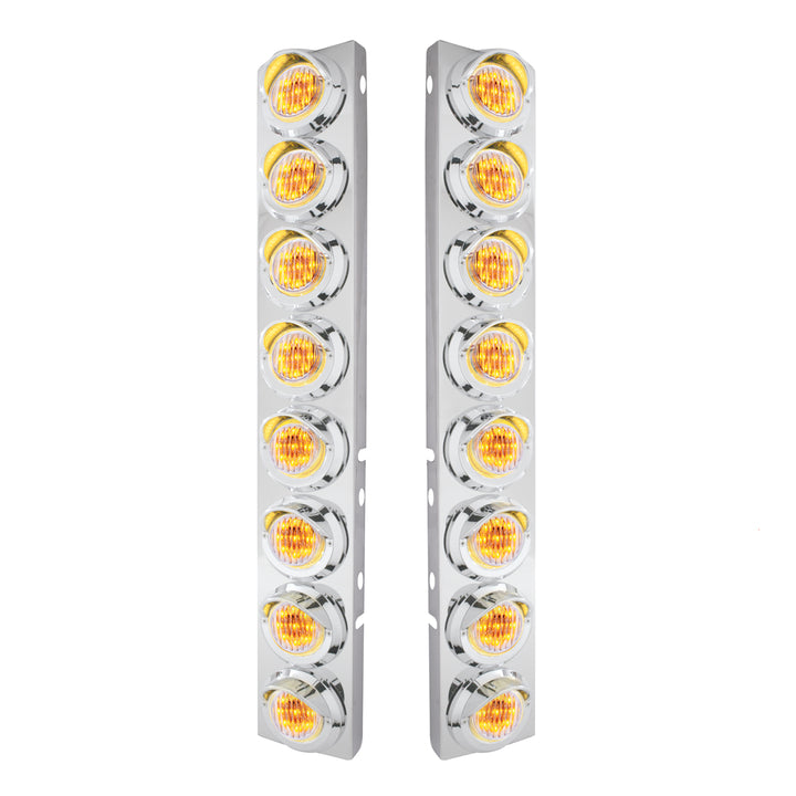 Stainless Steel Front Air Cleaner Bracket With 16 x 9 LED 2" Lights &amp; Visors For Peterbilt - Amber LED/Clear Lens