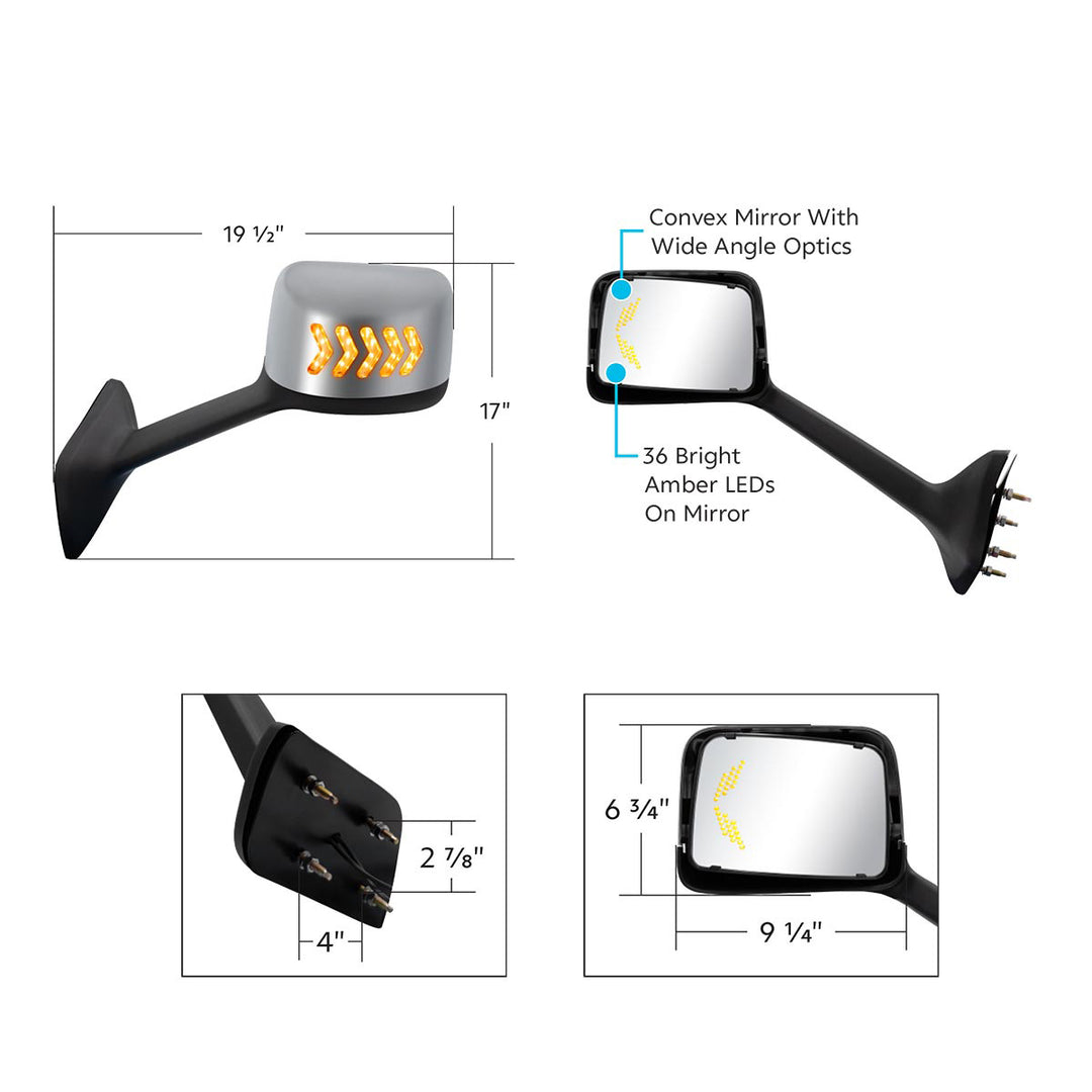 Chrome Plastic Hood Mirror Assembly With Sequential LED Turn Signals For 2018-2024 International LT - Passenger