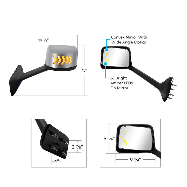 Chrome Plastic Hood Mirror Assembly With Sequential LED Turn Signals For 2018-2024 International LT - Passenger