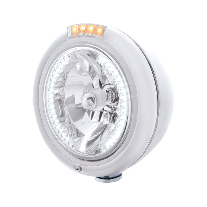 Stainless Steel Classic Headlight H4 With 34 White LED &amp; Signal - Clear Lens