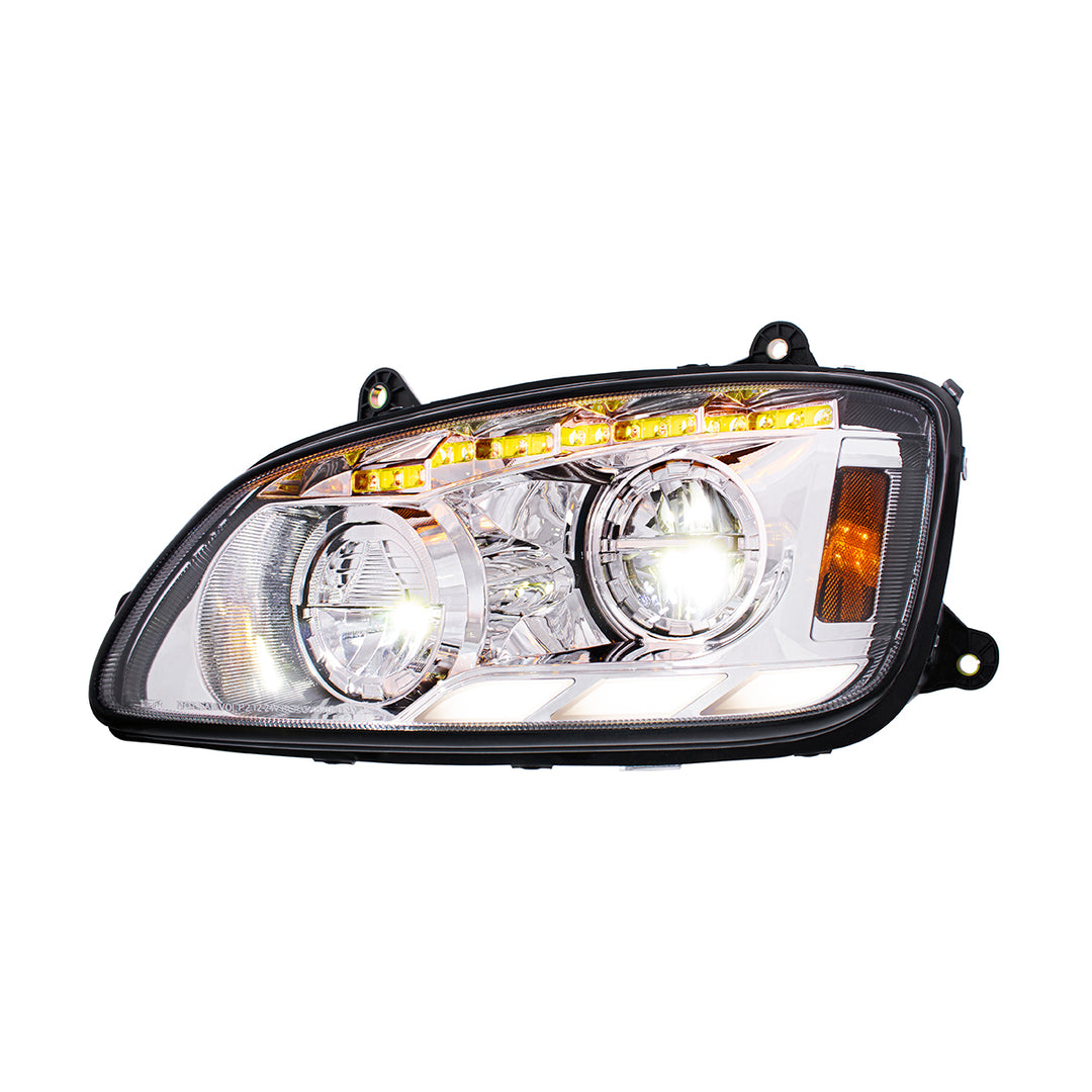 Chrome LED Headlight With Sequential Turn Signal &amp; Position Light Bars For 2008-17 Kenworth T660 - Driver