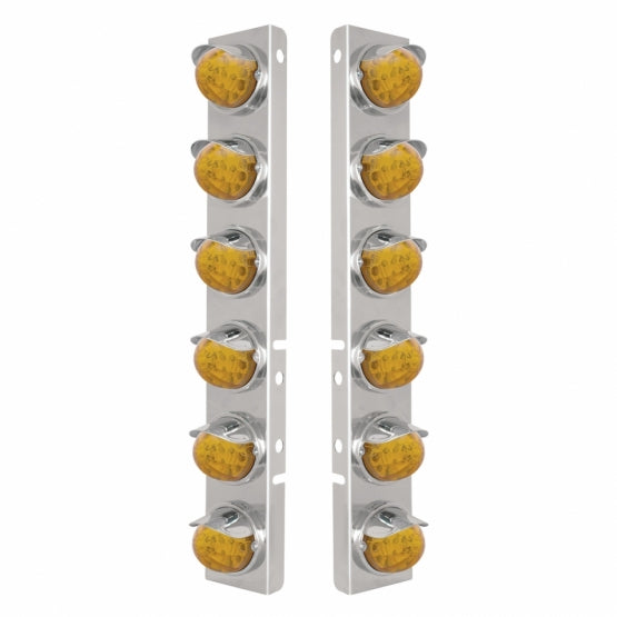 Stainless Steel Front Air Cleaner Bracket With 12 x 17 Amber LED Reflector Watermelon Lights &amp; Stainless Steel Visors For Peterbilt - Amber Lens