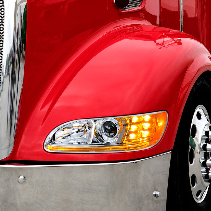 Chrome Projection Headlight With LED Turn &amp; Position Light for 2005-2015 Peterbilt 386 - Driver