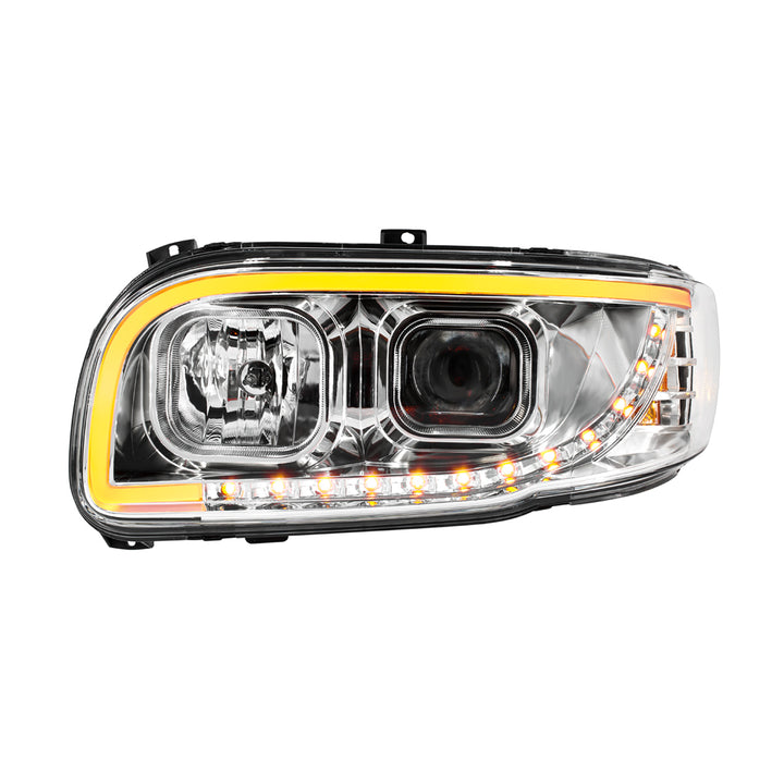 Chrome Projection Headlight With LED Turn Signal &amp; Light Bar For 2008-2024 Peterbilt 389 - Driver