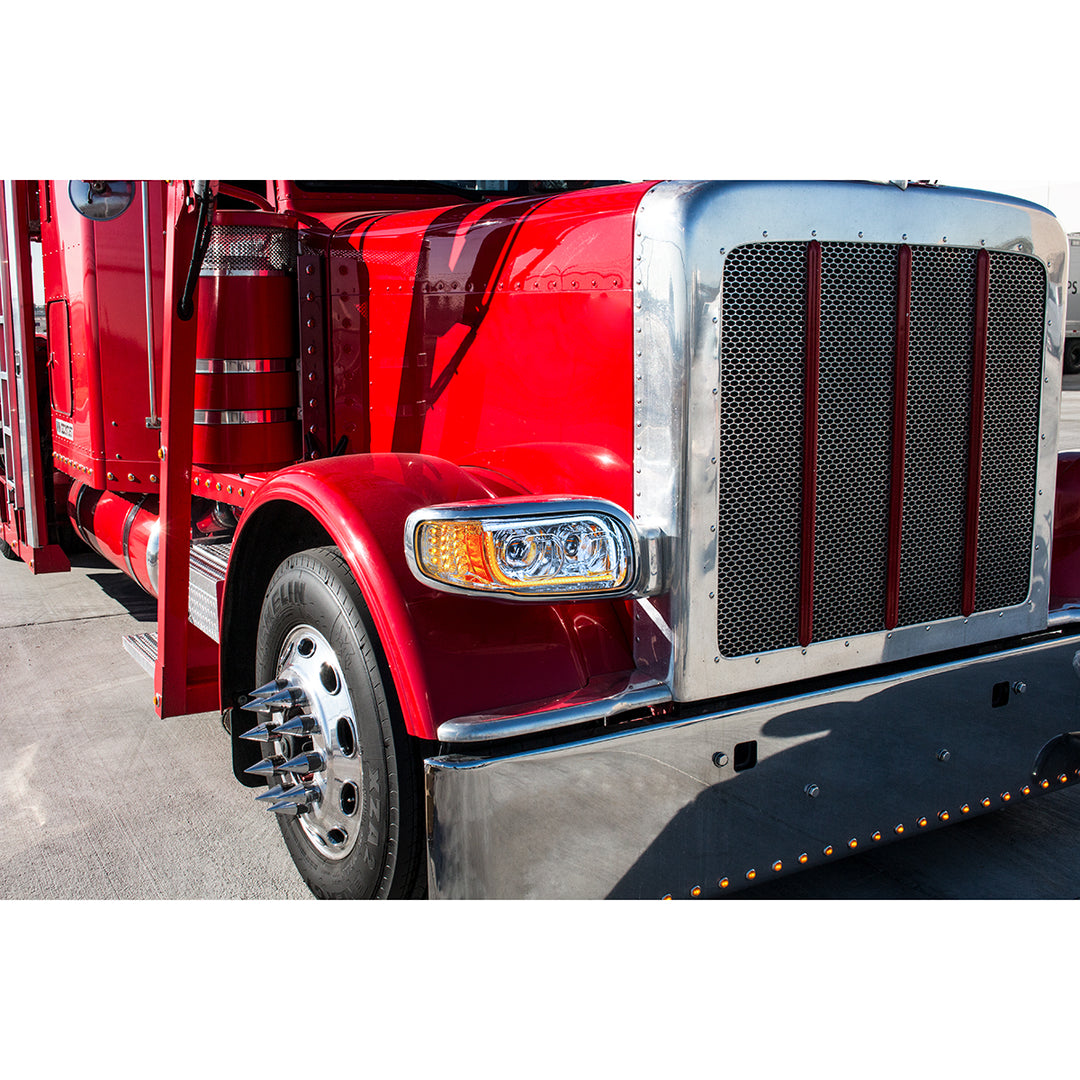 High Power LED Chrome Headlight With 16 LED Turn &amp; 57 LED Bar For 2008-2024 Peterbilt 389 - Passenger