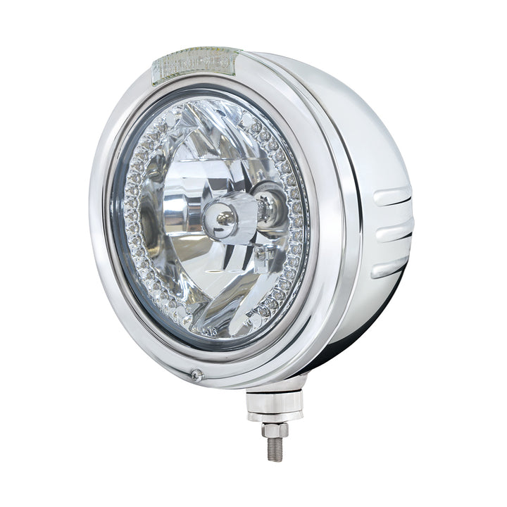 Stainless Steel Bullet Embossed Stripe Headlight H4 With Amber LED &amp; Dual Mode LED Signal - Clear Lens