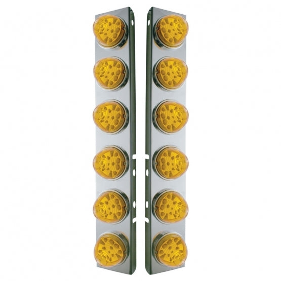 Stainless Steel Front Air Cleaner Bracket W/12 x 17 Amber LED Refl. Watermelon Lights &amp; Stainless Steel Bezels For Peterbilt - Amber Lens (Pair)