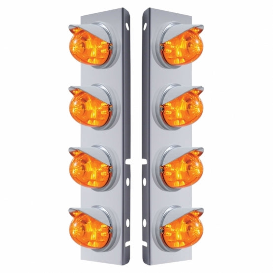 Stainless Steel Front Air Cleaner Bracket With 8 x 17 Amber LED Dual Func. Watermelon Lights &amp; Visors For Peterbilt - Amber Lens