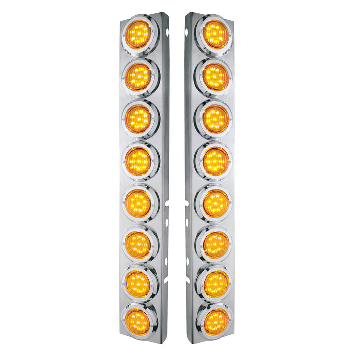 Stainless Steel Front Air Cleaner Bracket With 16 x 9 LED 2" Lights &amp; Bezels For Peterbilt - Amber LED &amp; Lens