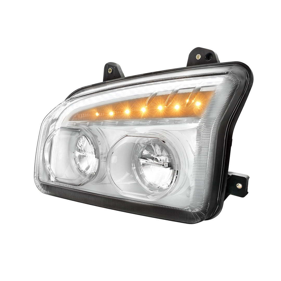 High Power LED Chrome Headlight With LED Turn Signal &amp; Light Bar For 2015-2025 Kenworth T880 - Driver