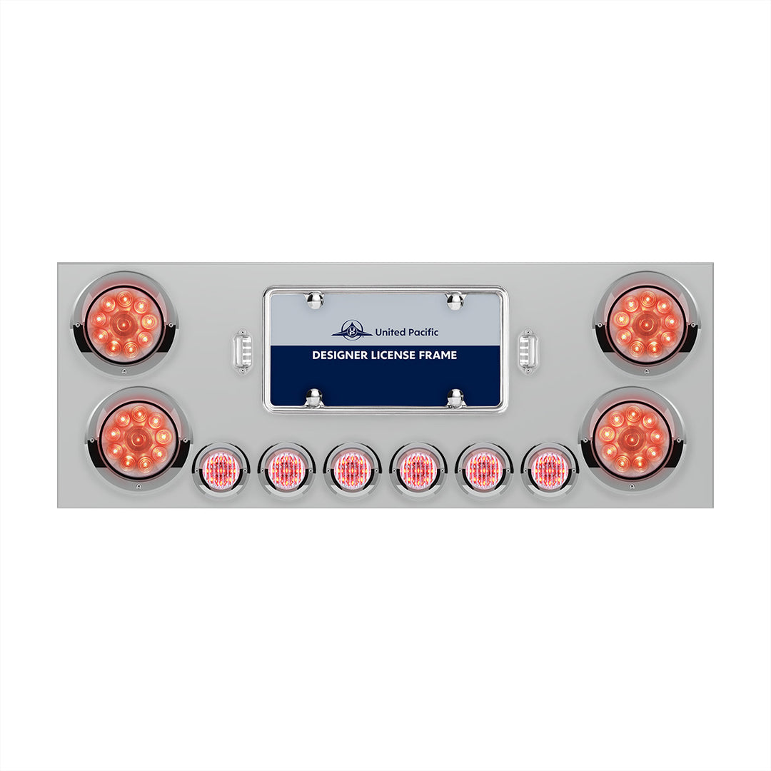 Stainless Steel Rear Center Panel With 4 x 10 LED 4" Lights &amp; 6 x 9 LED 2" Lights &amp; Visors - Red LED/Clear Lens