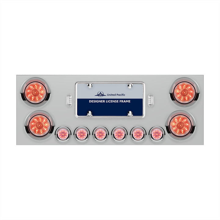 Stainless Steel Rear Center Panel With 4 x 10 LED 4" Lights &amp; 6 x 9 LED 2" Lights &amp; Visors - Red LED/Clear Lens