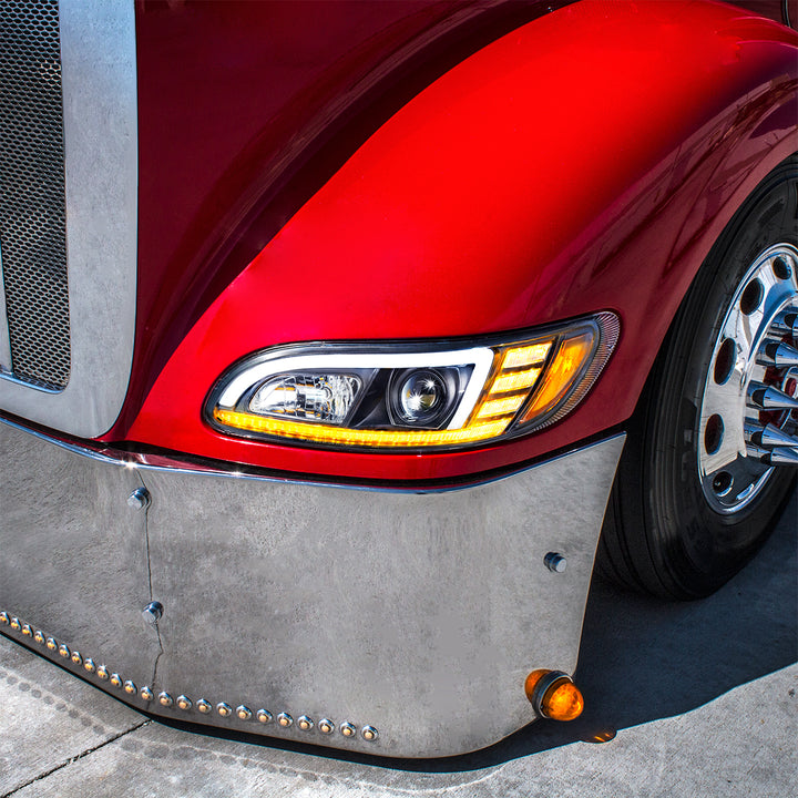 Black Projection Headlight With LED Sequential Turn &amp; DRL For 2005-2015 Peterbilt 386 - Passenger