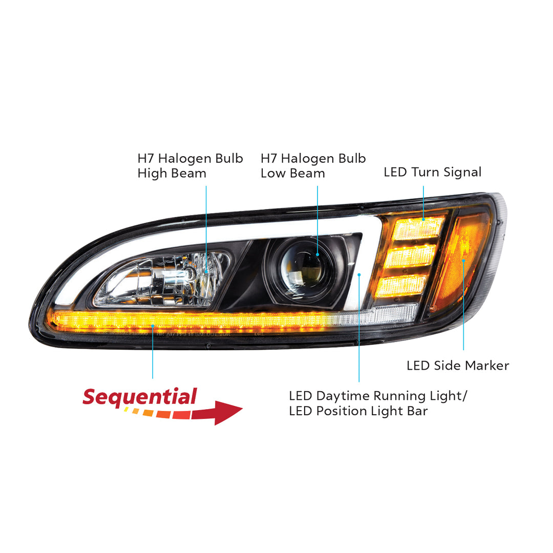 Black Projection Headlight With LED Sequential Turn &amp; DRL For 2005-2015 Peterbilt 386 - Passenger