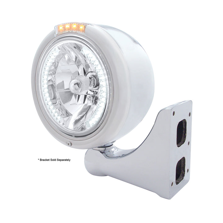 Stainless Steel Classic Half Moon Headlight H4 With White LED &amp; Signal - Clear Lens