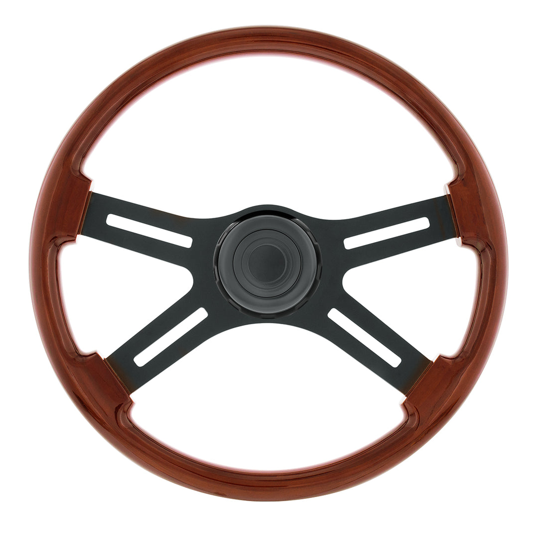 18" Matte Black 4 Spoke Steering Wheel With Horn Bezel &amp; Button - Wood Grain