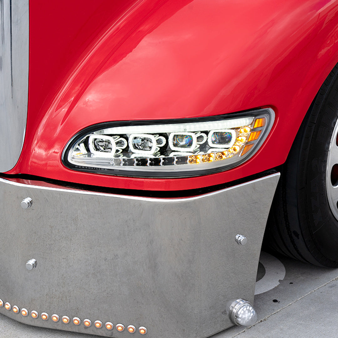 Chrome Quad - LED Headlight With LED DRL &amp; Seq. Signal For 2005-2015 Peterbilt 386 - Driver