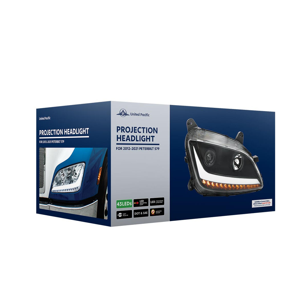Black Projection Headlight With LED Position &amp; Sequential Signal For 2012-2021 Peterbilt 579 - Passenger