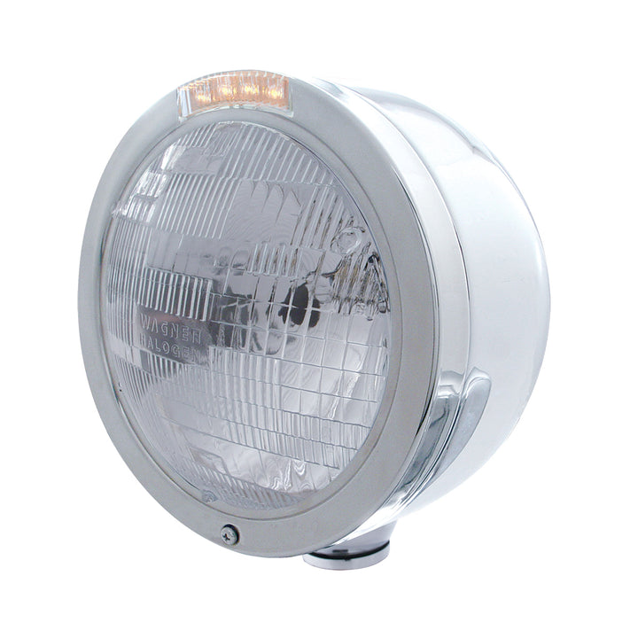 Stainless Steel Bullet Half Moon Headlight H6024 Bulb &amp; LED Turn Signal - Clear Lens