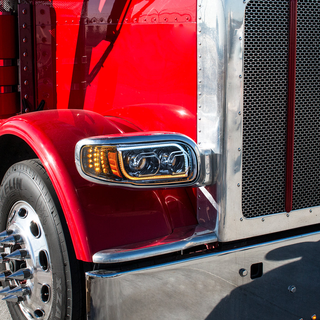 High Power LED "Blackout" Headlight With 16 LED Turn &amp; 57 LED Bar For 2008-2024 Peterbilt 389 - Driver