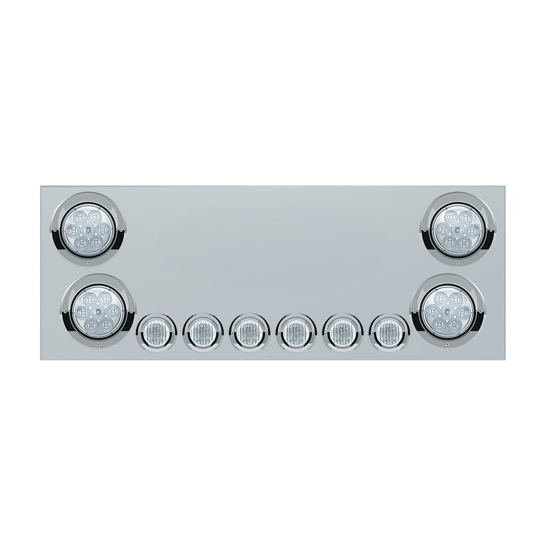 Stainless Steel Rear CP With 4 x 7 LED 4" Reflector Lights &amp; 6 x 9 LED 2" Lights &amp; Visors (No LP Holes) - Red LED/Clear Lens
