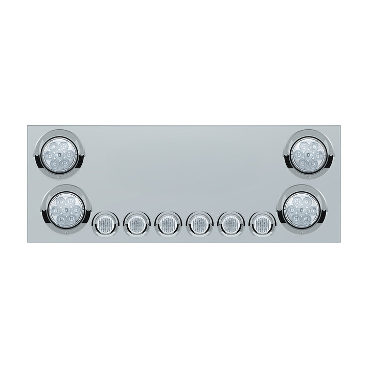 Stainless Steel Rear CP With 4 x 7 LED 4" Reflector Lights &amp; 6 x 9 LED 2" Lights &amp; Visors (No LP Holes) - Red LED/Clear Lens